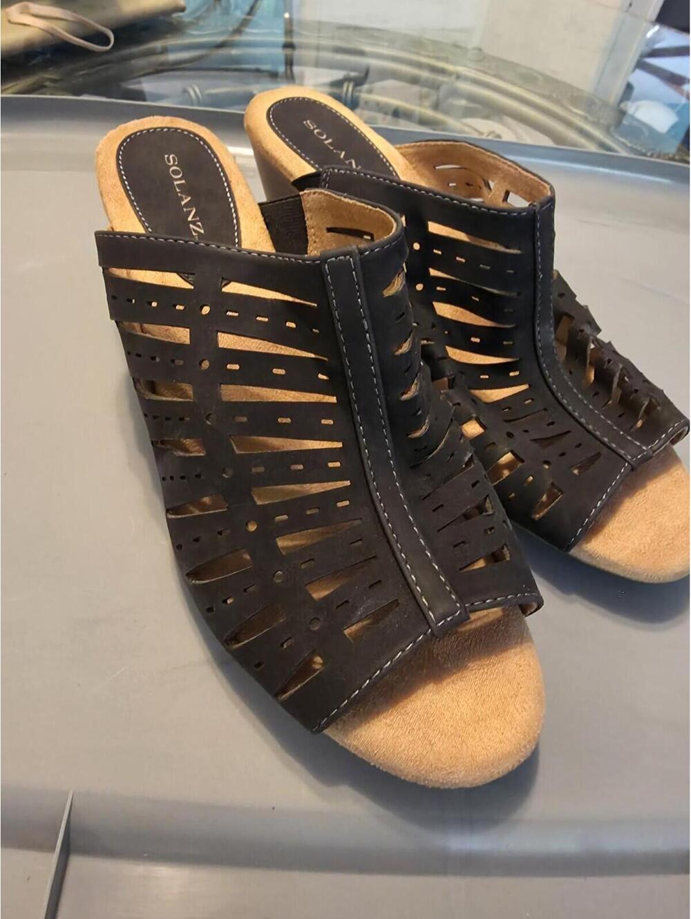 Solanz Paulette Leather Wedge Slide One Blue Womens 8
